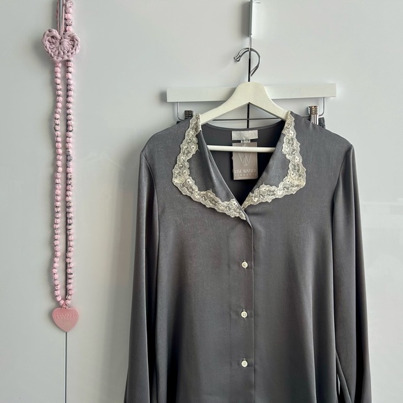 LISE WATIER Lingerie Satin Silky Pajama Set Medium Gray Loungewear - Picture 1 of 17